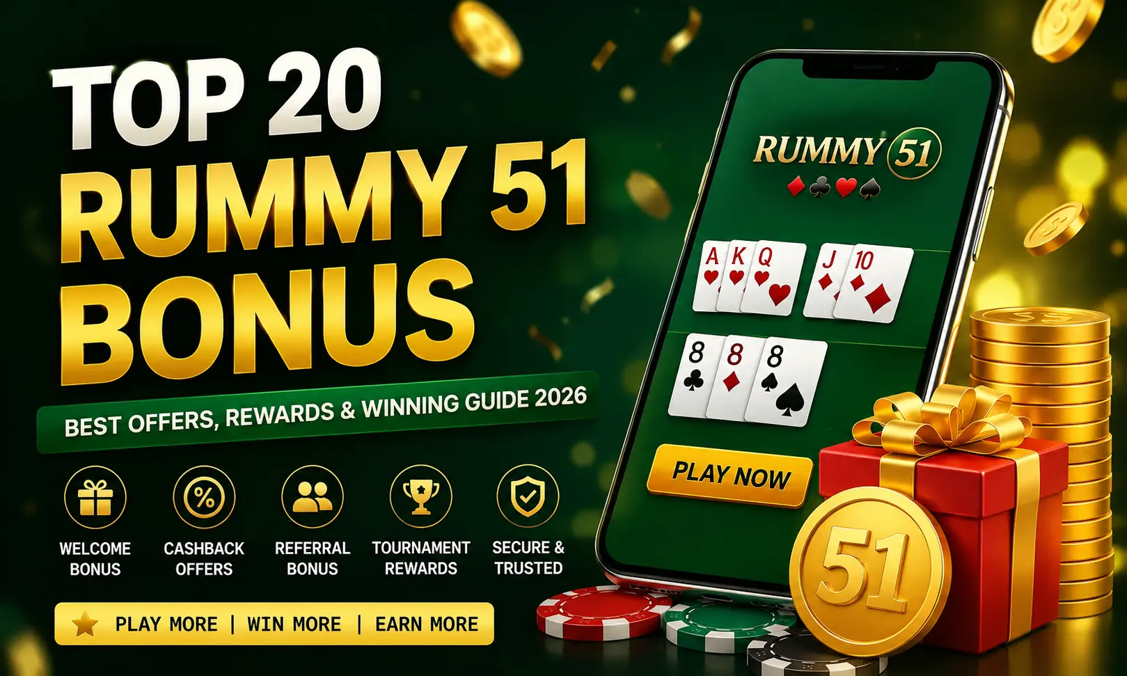 Top 20 Rummy 51 Bonus offers, welcome rewards, cashback bonuses, and winning guide for online rummy players in 2026