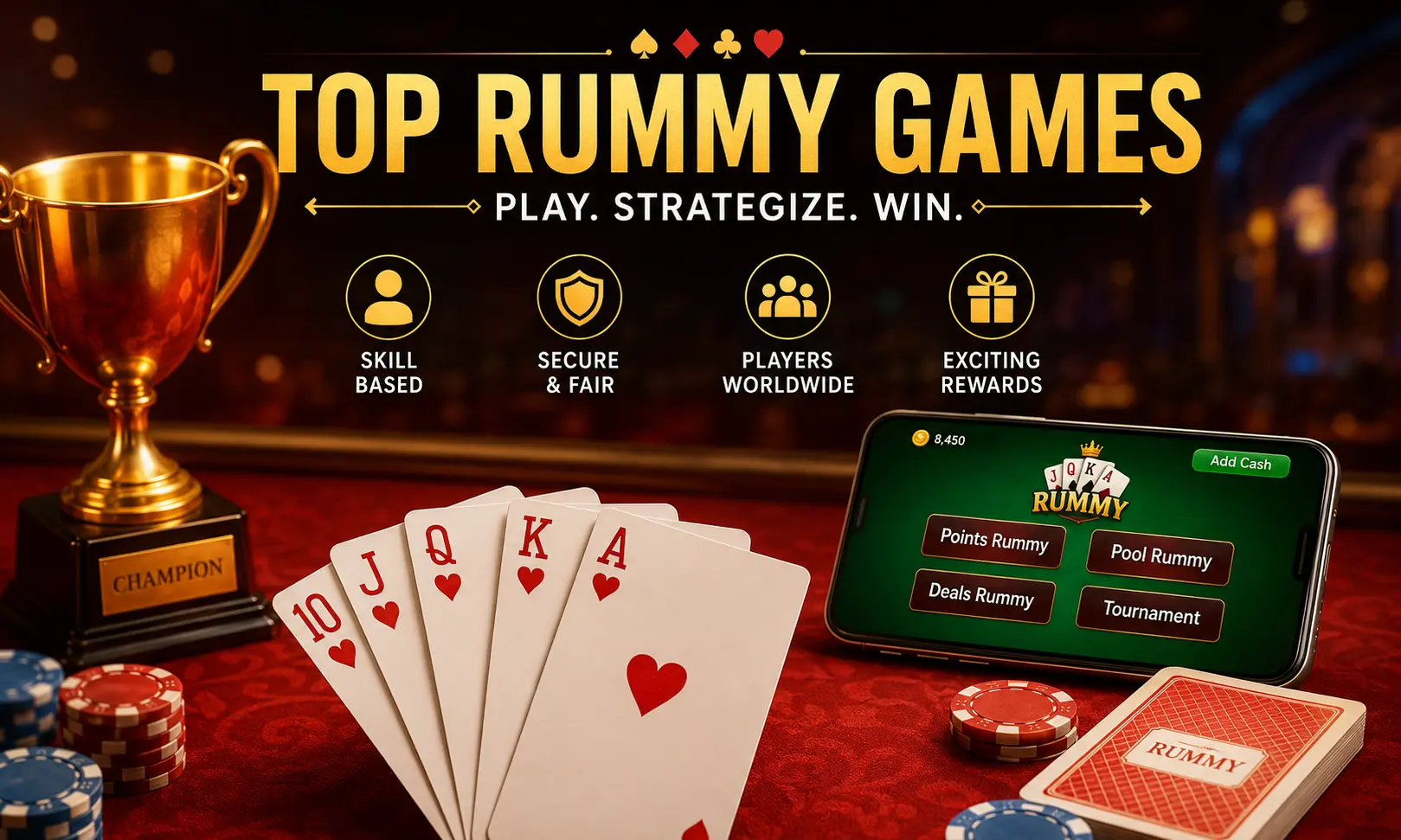 Top Rummy Games 2026 featuring online rummy cards, tournament trophy, mobile rummy gameplay, and professional winning strategies.