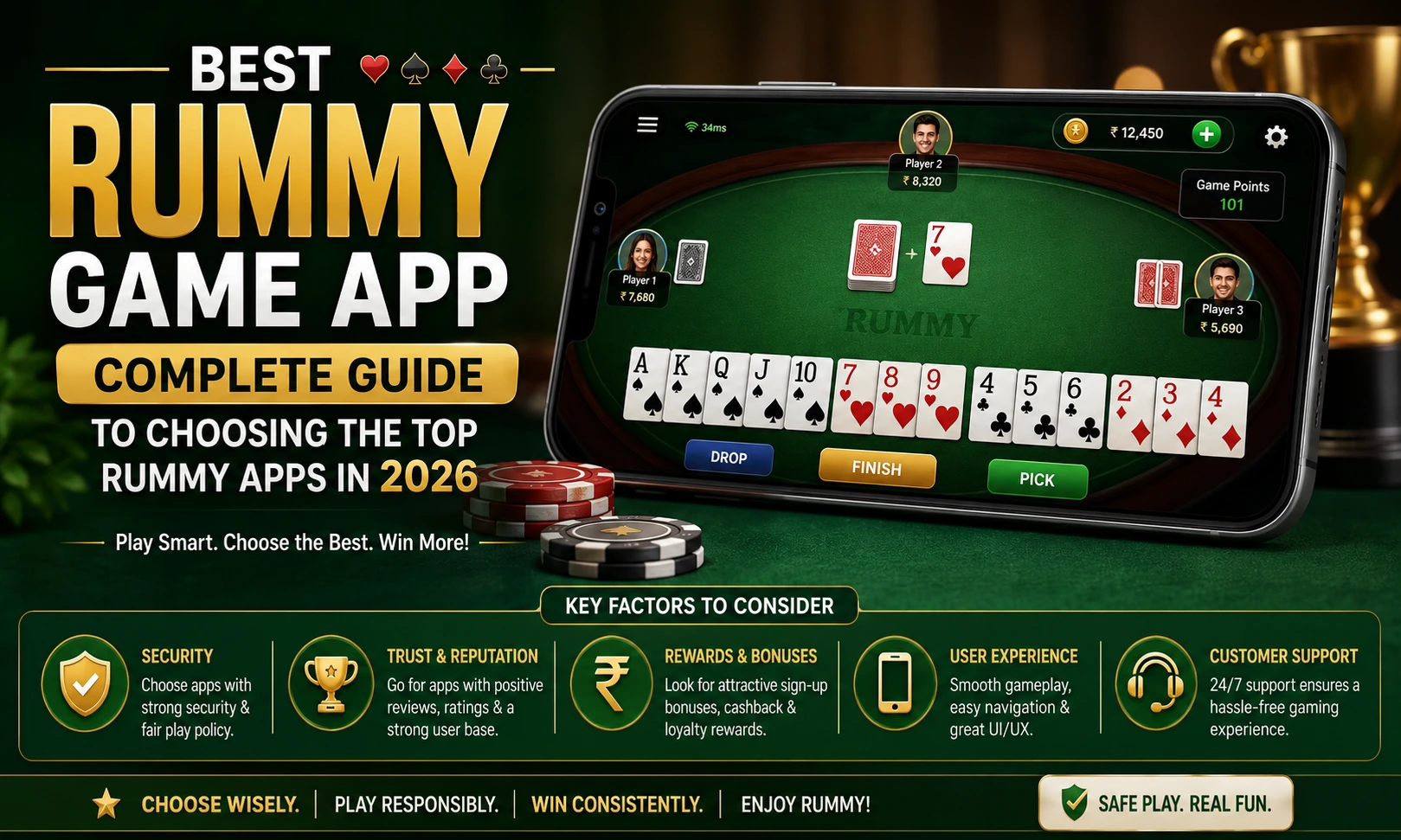 Best Rummy Game App Guide 2026 showing a mobile rummy game interface, playing cards, chips, and tips for choosing secure and trusted rummy apps.