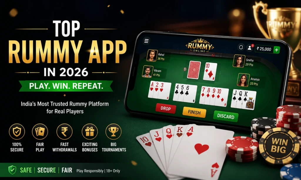 Top Rummy App in 2026 displayed on a smartphone with online rummy gameplay, secure gaming features, tournaments, and fast withdrawals.