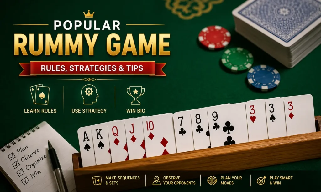 Popular Rummy Game guide showing card sequences, sets, strategies, and gameplay tips for beginners and experienced players