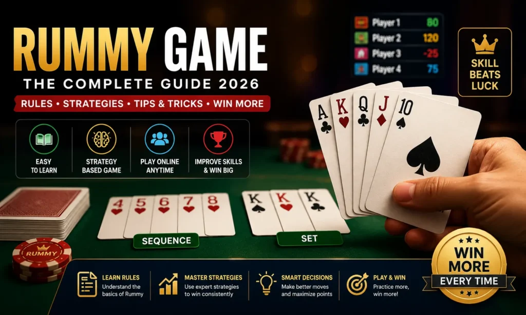 Professional rummy game table showing playing cards, sequences, sets, and winning strategies for beginners and expert players.