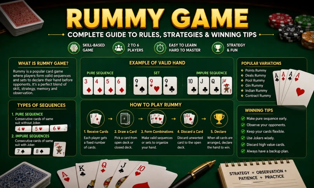 Rummy Game complete guide showing card sequences sets rules strategies and winning tips