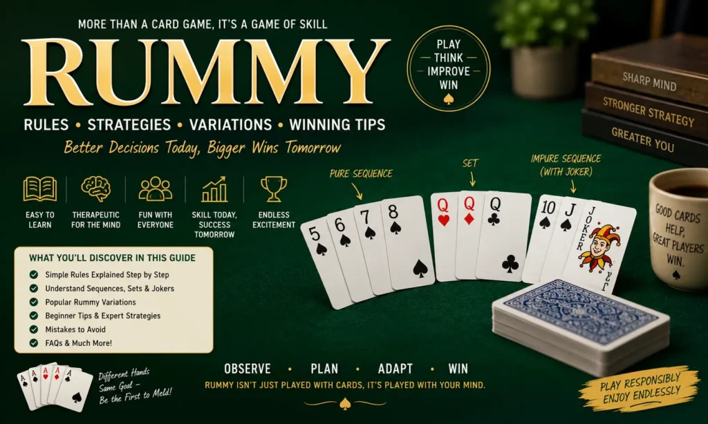 Rummy complete guide showing card sequences, sets, rules, strategies, and winning tips for beginners and advanced players
