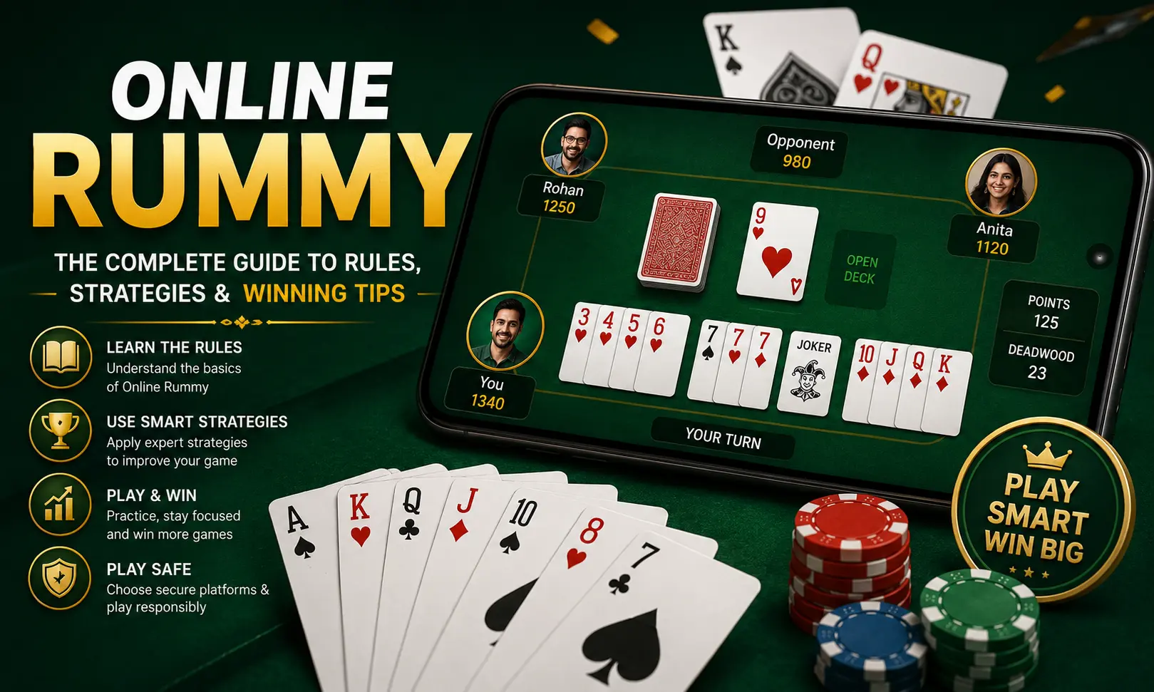 Online Rummy guide showing card sequences, gameplay strategies, rules, and winning tips for beginners and advanced players.