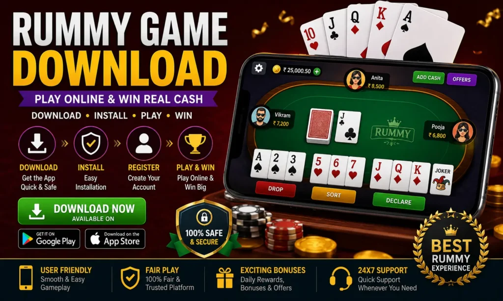Rummy game download guide showing online rummy app installation, gameplay interface, card sequences, and mobile gaming experience.