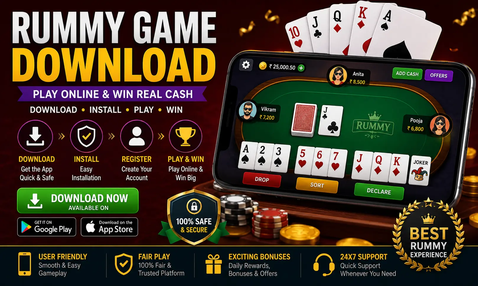 Rummy game download guide showing online rummy app installation, gameplay interface, card sequences, and mobile gaming experience.
