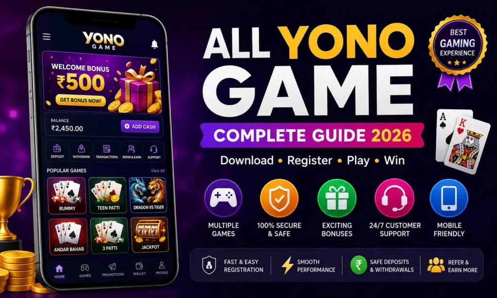 All Yono Game complete guide featuring app download, login, registration, gameplay, features, and mobile gaming interface.