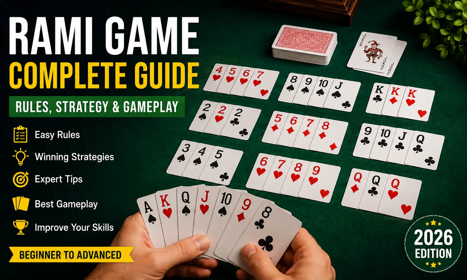 A player arranging cards into sequences and sets while playing the Rami game, illustrating the complete beginner's guide to Rami rules, strategy, and gameplay.