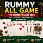 Rummy All Game featured image showing playing cards, poker chips, and popular rummy variants including Indian Rummy, Points Rummy, Pool Rummy, Deals Rummy, Gin Rummy, and Contract Rummy.