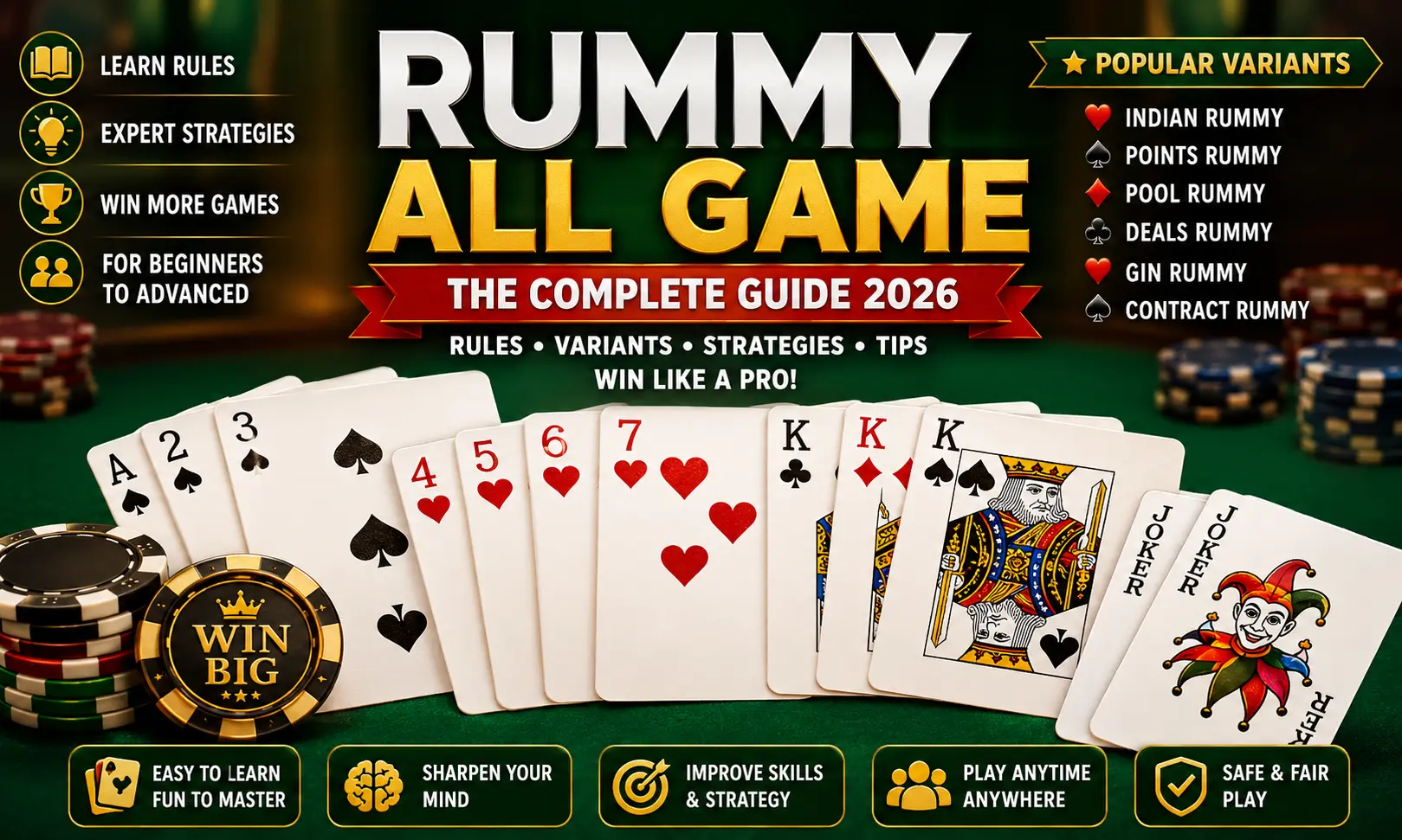 Rummy All Game featured image showing playing cards, poker chips, and popular rummy variants including Indian Rummy, Points Rummy, Pool Rummy, Deals Rummy, Gin Rummy, and Contract Rummy.