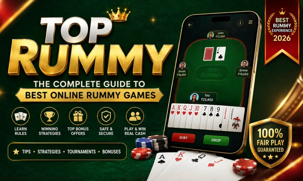 Top Rummy featured image showing online rummy gameplay, playing cards, smartphone app, poker chips, and winning strategies for beginners and experienced players in 2026.