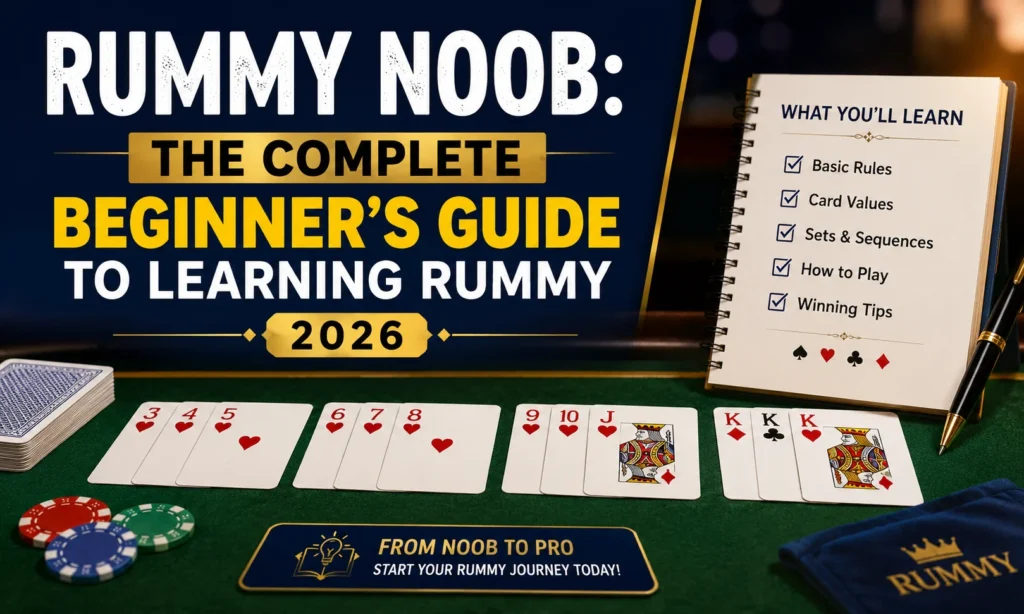Rummy Noob complete beginner's guide to learning rummy in 2026 with playing cards, sequences, and game basics.