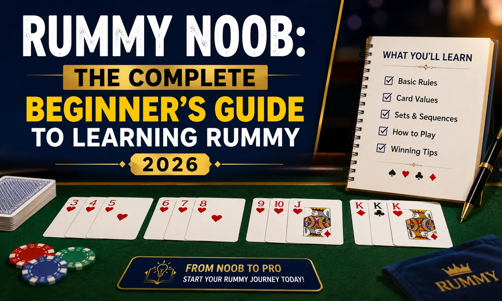 Rummy Noob complete beginner's guide to learning rummy in 2026 with playing cards, sequences, and game basics.