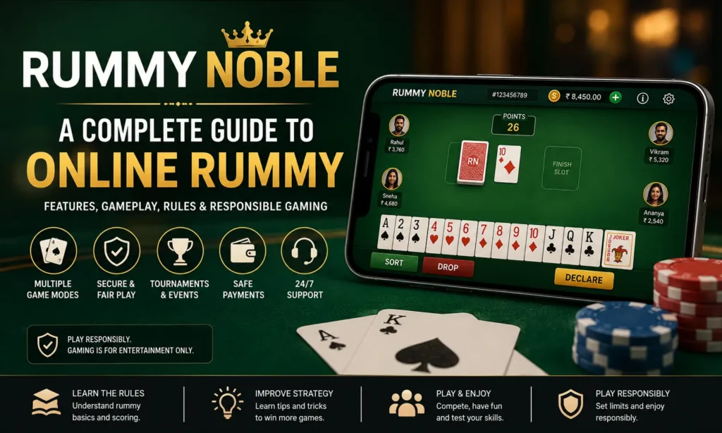 Illustration of an online rummy interface on a smartphone with playing cards, representing a guide to online rummy gameplay and responsible gaming.