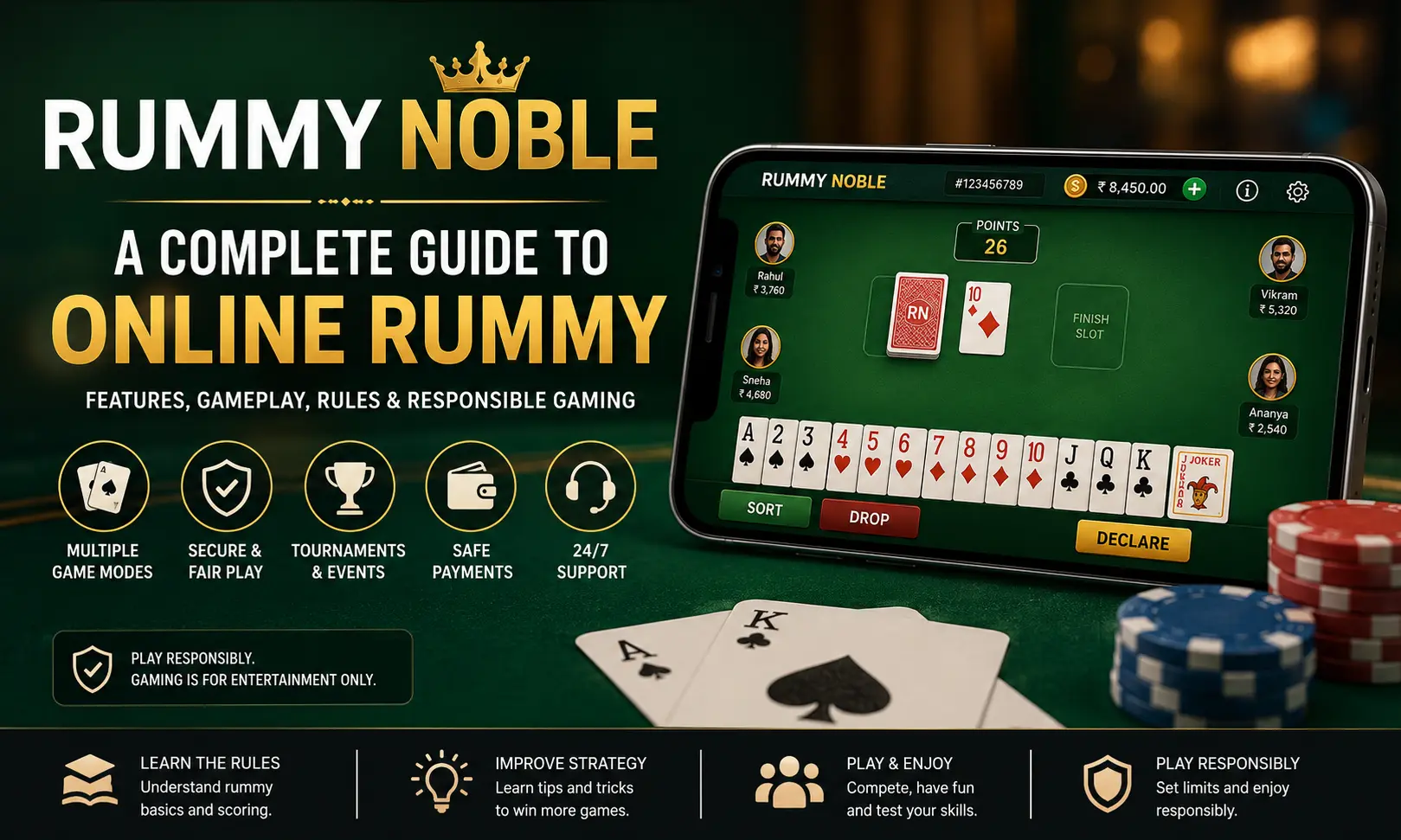 Illustration of an online rummy interface on a smartphone with playing cards, representing a guide to online rummy gameplay and responsible gaming.