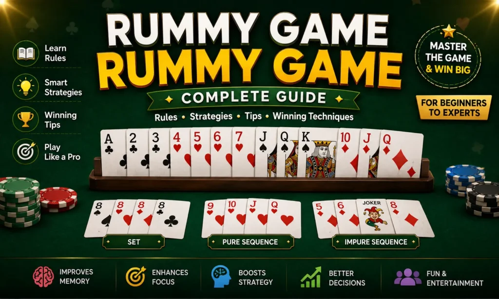 Professional Rummy Game Rummy Game guide showing playing cards, pure sequence, impure sequence, sets, and winning strategies on a green card table.
