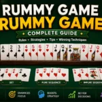 Professional Rummy Game Rummy Game guide showing playing cards, pure sequence, impure sequence, sets, and winning strategies on a green card table.