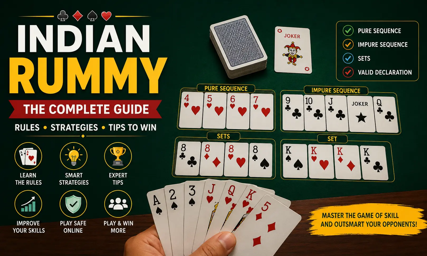 Indian Rummy featured image showing 13-card gameplay with pure sequence, impure sequence, sets, and winning strategy guide.